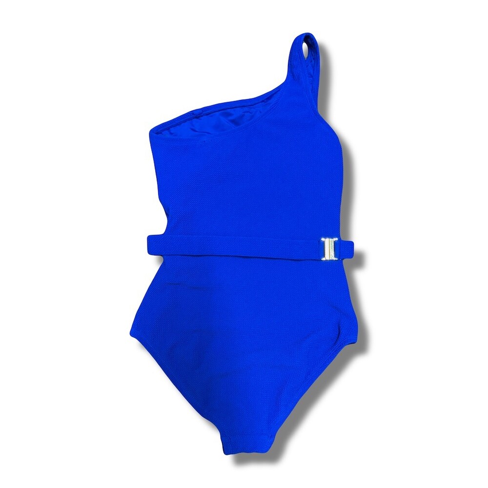LOFT One-Piece Swimsuit Womens XS Blue One-Shoulder Textured Belted